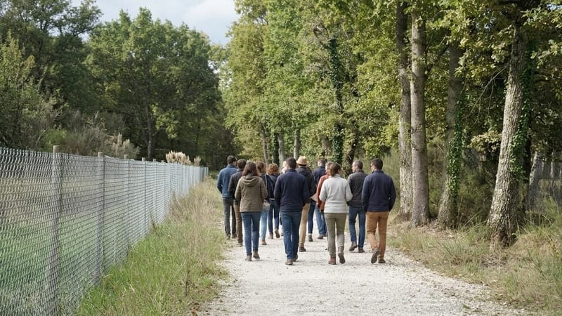 Groupe d'adultes marchant de dos le long d'un grillage sur un chemin forestier en Gironde