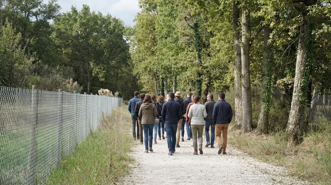 Groupe d'adultes marchant de dos le long d'un grillage sur un chemin forestier en Gironde