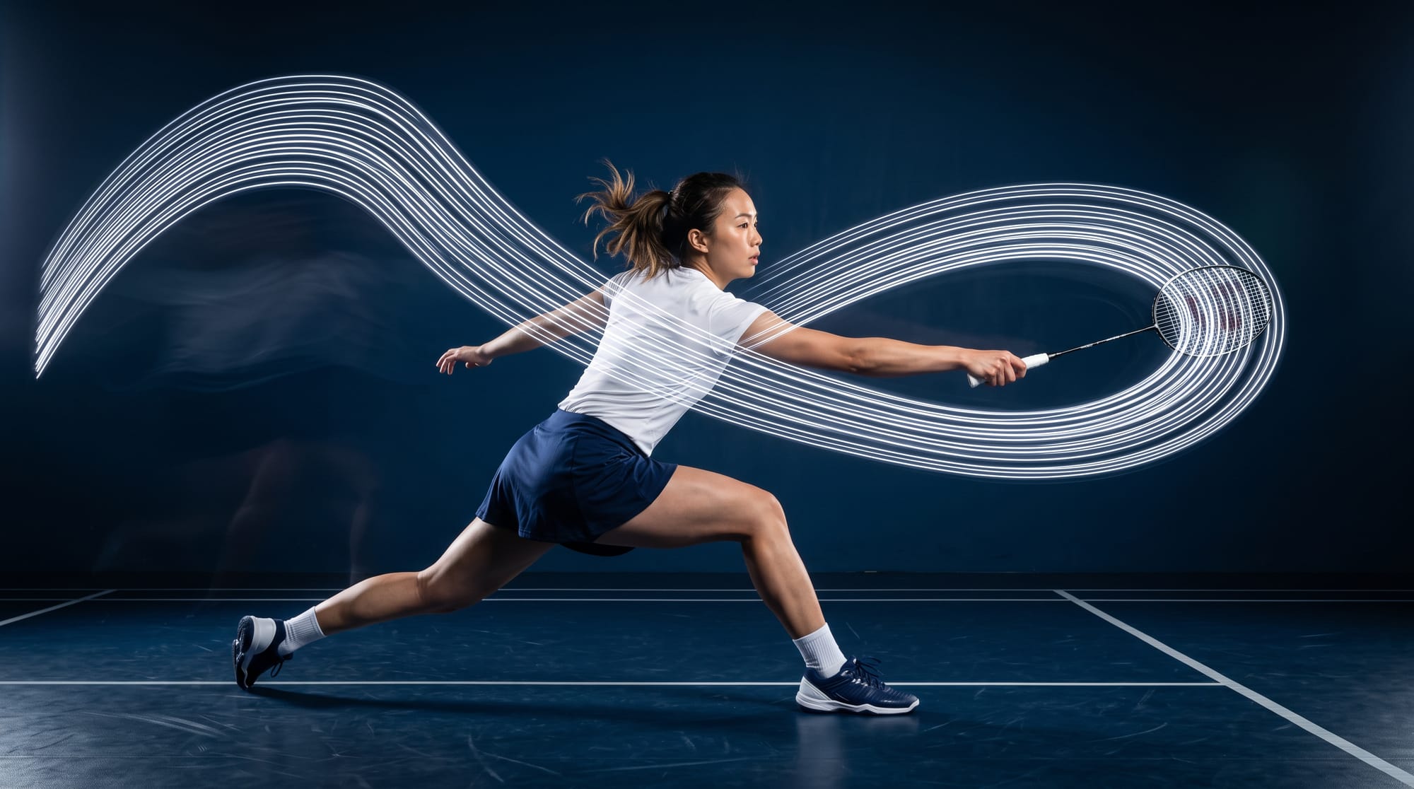 Joueuse de badminton en grande fente pour reprendre un volant, traînée de lumière