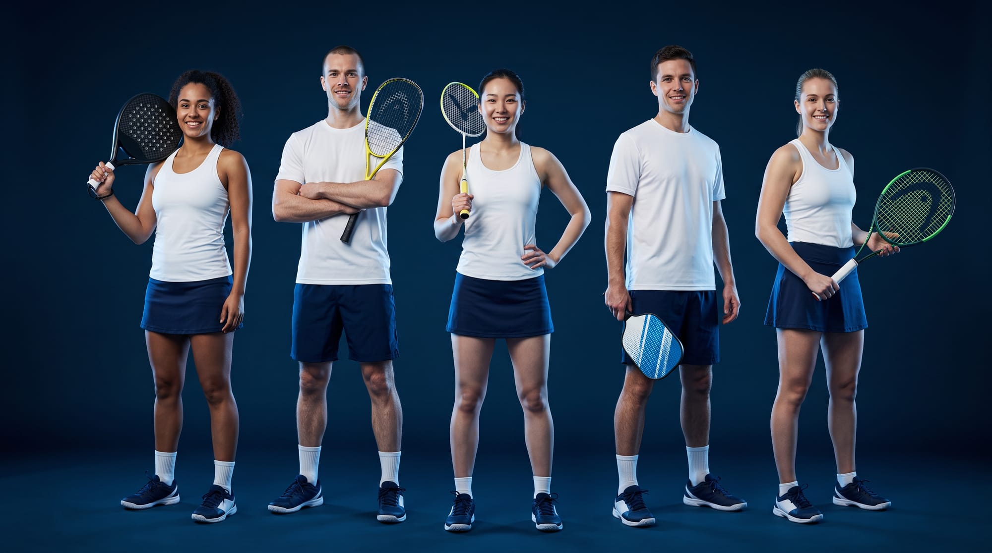 Cinq joueurs des Girondins Raquettes en tenue marine et blanche, raquettes de padel, tennis, badminton et pickleball en main
