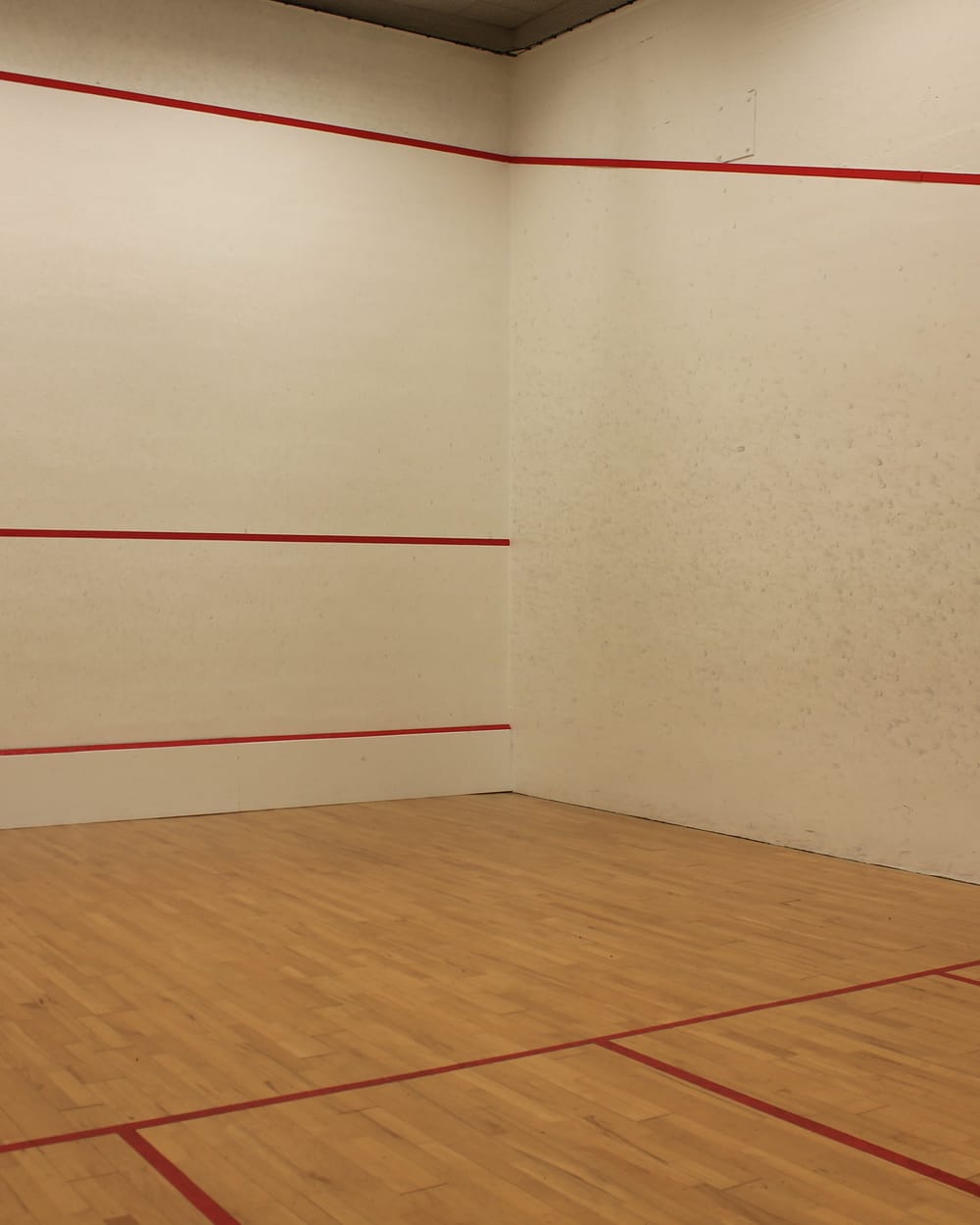 Court de squash, parquet clair et lignes rouges