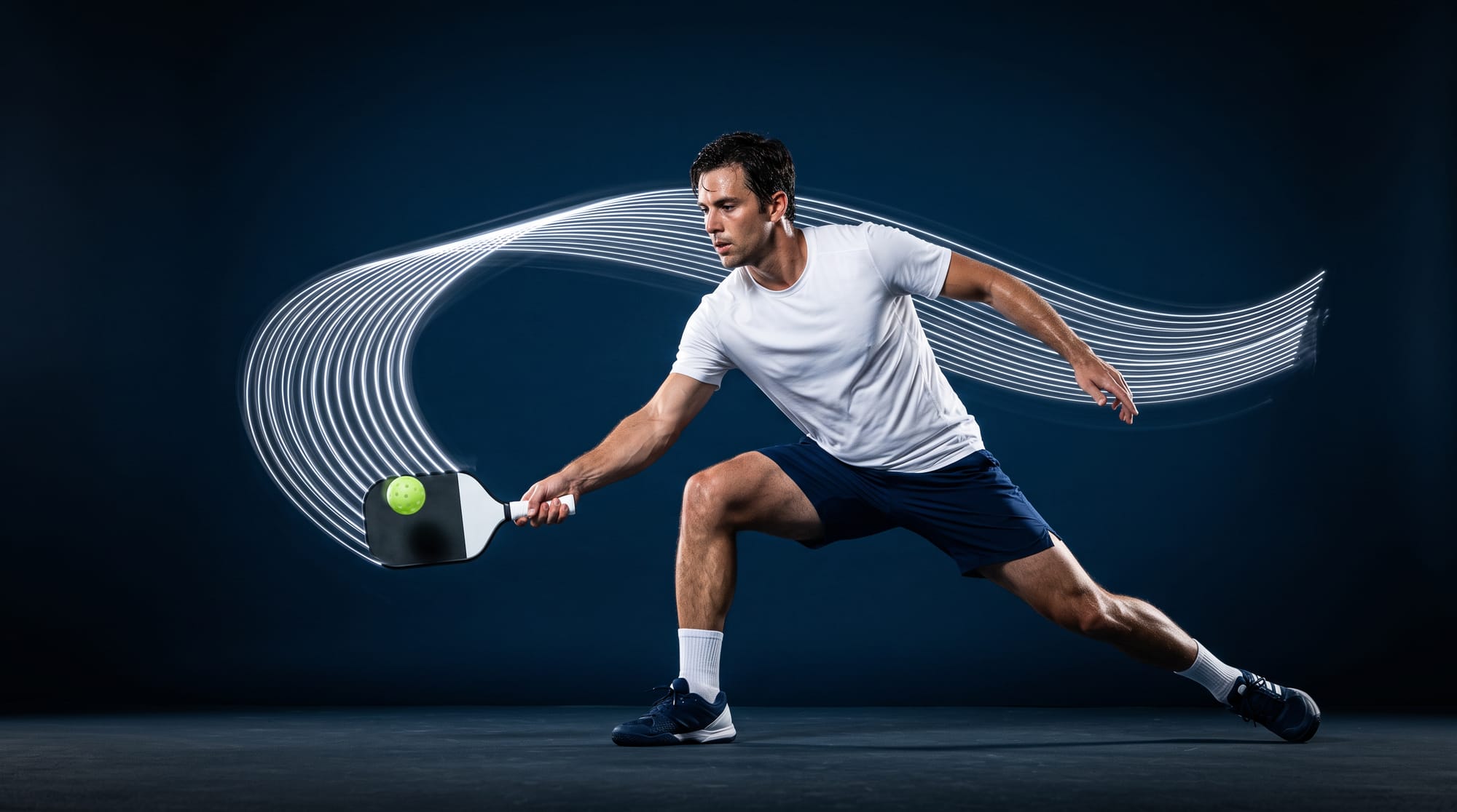 Joueur de pickleball frappant la balle en revers bas, traînée de lumière