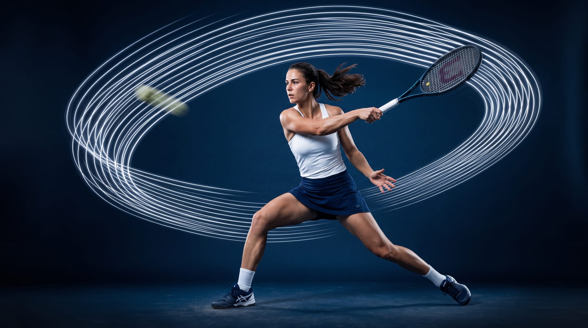 Joueuse de tennis en plein coup droit, traînée de lumière autour de la raquette